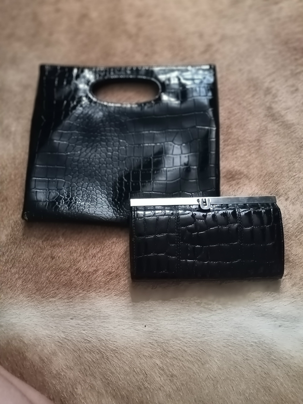 Black Croc-Embossed Clutch and Matching Wallet Set